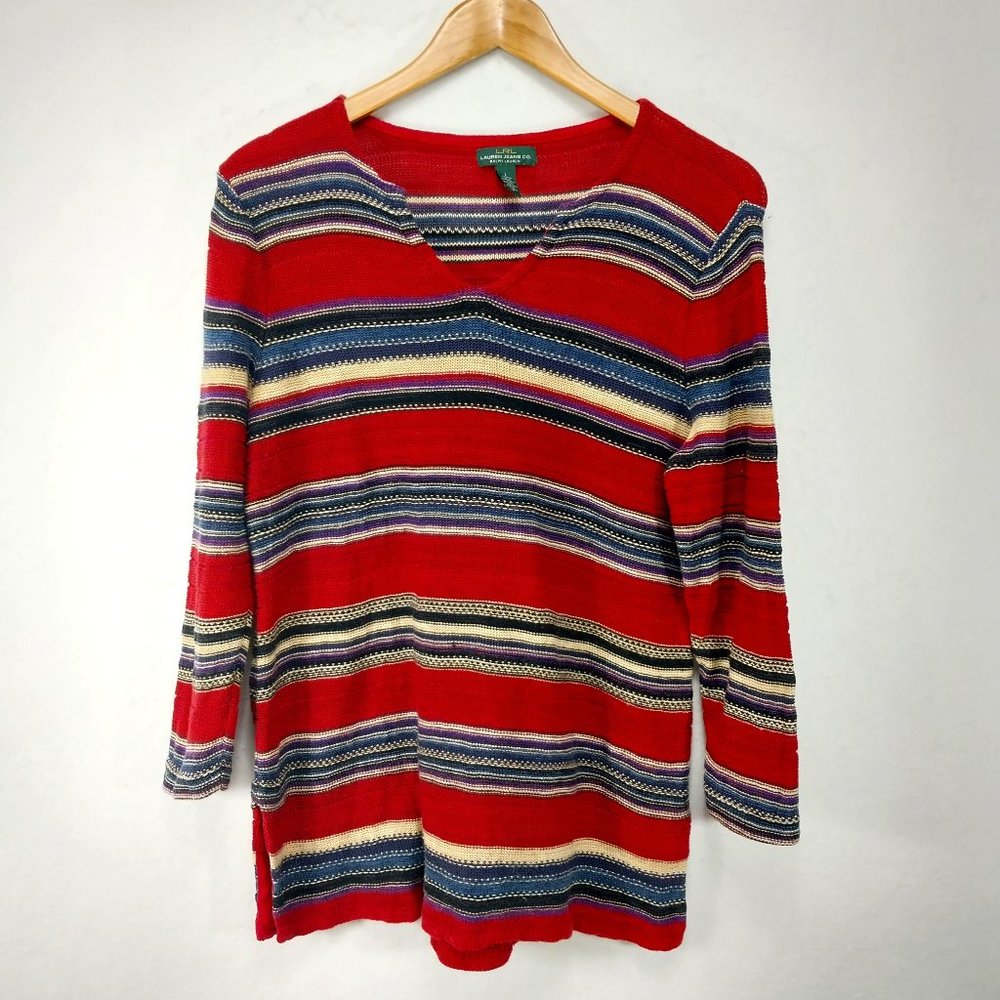 Ralph Lauren Linen Cotton Top Womens Large Red Blue Striped Long Sleeve Tunic